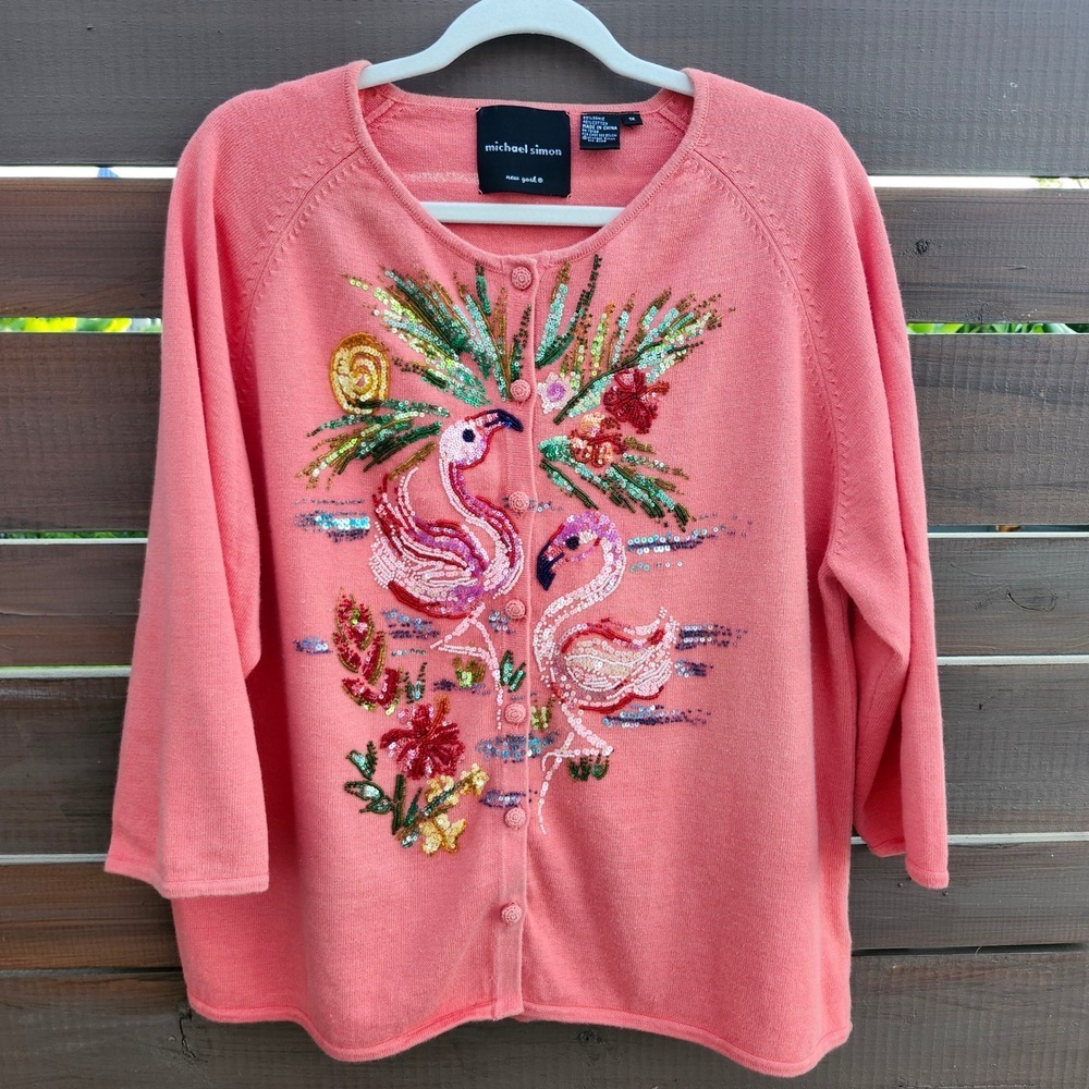 Vintage Michael Simon Beaded Flamingo‎ Sweater 1X Y2K Tropical Coastal Collector